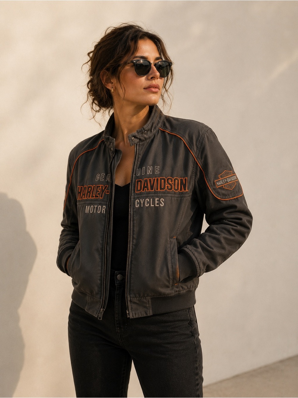 Harley-Davidson Women's Dark Gray Bomber Jacket with Orange Logo Piping